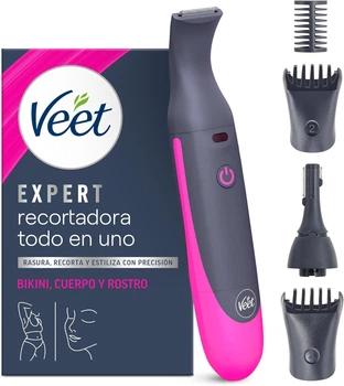 Женский триммер 3-в-1 для зоны бикини, лица, бровей и тела Veet Expert All-in-One Trimmer водонепроницаемый IP67, USB-зарядка, до 60 минут автономной работы