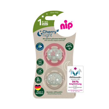 Пустышка латексная круглая для детей 0–6 месяцев NIP Cherry Night арт. 38870-51 2 шт. коралловый/бежевый