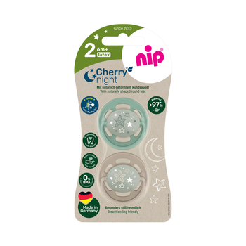 Пустышка латексная круглая для детей от 6 месяцев NIP Cherry Night арт. 91035-51 2 шт. зеленый/бежевый
