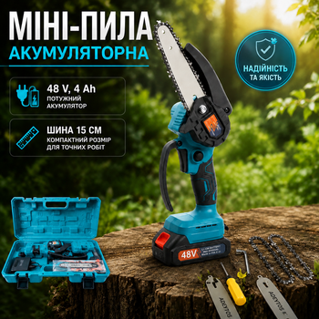 Міні пила Domotec для дому та саду 48 V Акумуляторна ланцюгова пилка для обрізання гілок 15 см Акумуляторні сучкорізи