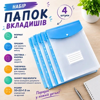 Набор папок-файлов с кнопкой для документов 4 шт формат А4 папка-конверт для фолдера папки-органайзеры прозрачные, голубой
