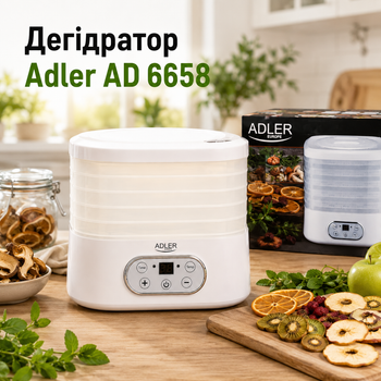 Дегідратор Adler AD 6658 для овочів, фруктів, грибів, трав, м’яса та риби, електрична сушарка з 5 піддонами, РК-дисплеєм, таймером до 70 годин, регулюванням температури, потужністю 550 Вт