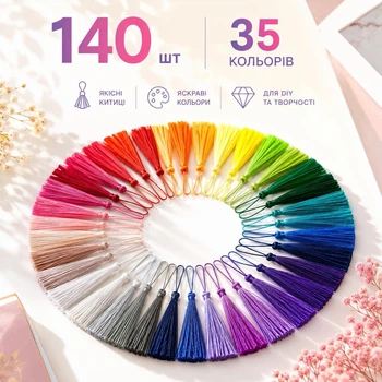 Набор декоративных кисточек для рукоделия, 140 шт (35 цветов) | Цветные кисточки для закладок, брелков и DIY