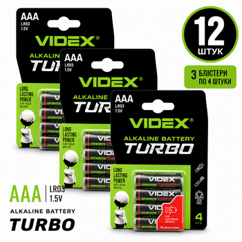 Батарейки Videx AAA (LR03) Turbo Alkaline 1.5V, набор 12 шт. – щелочные батарейки для пультов, игрушек, фонарей и бытовых