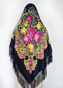 Украинский шерстяной украинский платок с бахромой Ярина 120*120 ТемноСиняя