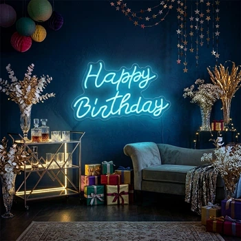 Светодиодная (LED) неоновая вывеска "Happy Birthday", от USB, голубая, 43*29 см (9318-003)