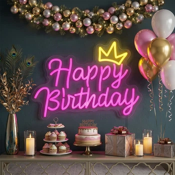 Светодиодная (LED) неоновая вывеска "Happy Birthday", от USB, розовая, 38*28 см (9318-002)