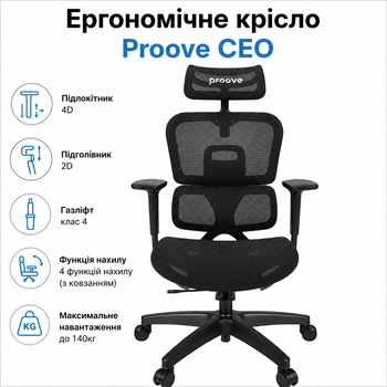Эргономичное офисное кресло Proove CEO сетка черное с регулируемой спинкой и 2D подголовником 4D подлокотники до 140 кг