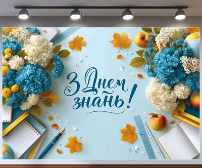 Фотозона «С Днем знаний!» – баннер с осенними цветами и школьным оформлением 180x120см, №41463
