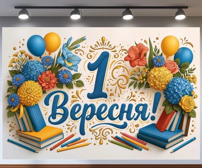 Фотозона «1 Сентября!» – баннер с книгами, цветами и школьными принадлежностями 300x200см, №41459