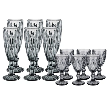 Набір гранених келихів для шампанського із чарками High Quality Glass 12 предметів Smoky grey