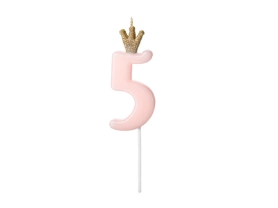 Свеча для торта Party Deco 5 с короной 9,5см розовая 8563