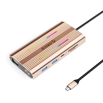 Док-станція USB-C Orico XDR 12-в-1 RGB 3×USB-A USB-C PD 100 Вт HDMI 4K VGA RJ45 SD/microSD Rose Gold (6941788803855)
