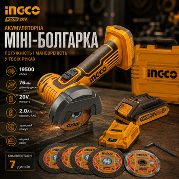 Аккумуляторная мини-болгарка INGCO P20S 20V: УШМ 76 мм, 19500 об/мин, АКБ 2.0 Ah, зарядное устройство и 7 дисков