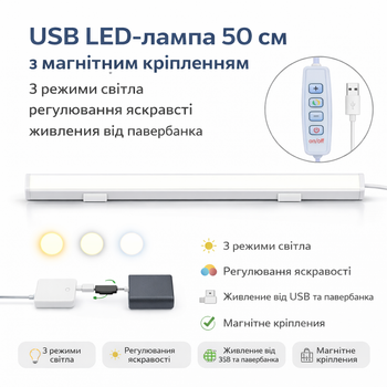 USB LED-лампа Baseus 50 см с магнитным креплением димером и 3 режимами света белый