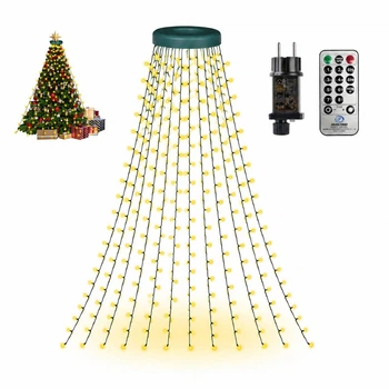 Светодиодная гирлянда 400 LED с кольцом на елку (2 м, 16 нитей) ,8 режимов IP44, теплый белый свет, зеленый провод, от сети