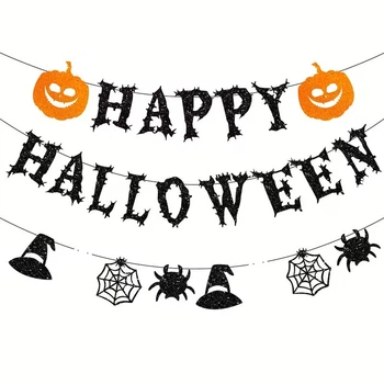 Розтяжка Паперова Гірлянда Happy Halloween З Павуками Та Гарбузами