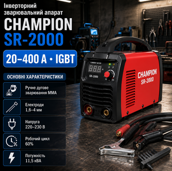 Инверторный сварочный аппарат CHAMPION SR-2000 MMA IGBT 20 400 А для электродов 1,6 4 мм со сварочными очками и кабелями