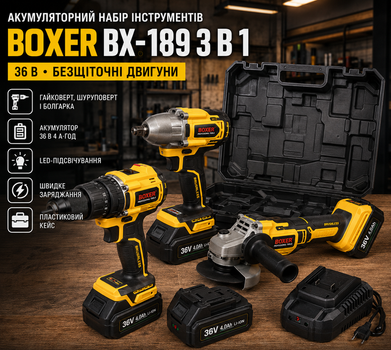 Набір акумуляторного інструменту Boxer BX 189 36V 4Ah шуруповерт гайковерт болгарка безщіткові двигуни з акумулятором і кейсом
