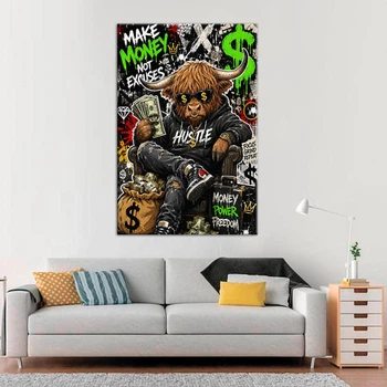 Картина на полотні 60*90 см Картина на полотні Бик з доларами (Бізон) Graffiti Loft "Make Money Not Excuses" | Настінний декор для офісу та дому (Код товара:idea 022304)
