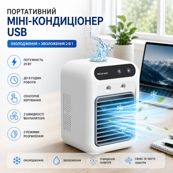 Міні кондиціонер портативний настільний USB для дому офісу зволожувач повітря вентилятор 2 в 1 білий