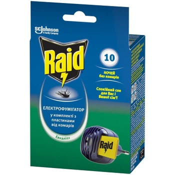 Фумигатор Raid от комаров с пластинами Эвкалипта 10 ночей