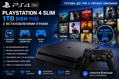 Игровая приставка PlayStation 4 Slim 1TB (HEN 11.0) с установленными играми, 1 беспроводной геймпад, Black, Б/У