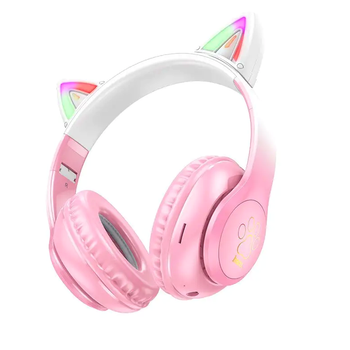 Наушники Bluetooth Hoco W42 Cat Ears розовые для детей и подростков с микрофоном и светящимися ушками