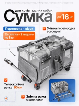 Сумка переноска для кота кошки собаки домашних животных двухместная сумка с окошком и выдвижной ручкой на колесиках колесах кошачьи сумки для переноски котов кошек маленьких собак серая (002271)