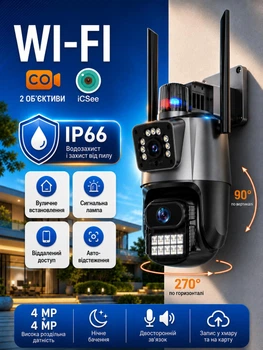 Wi-Fi IP камера 4+4 Мп 2 объектива для внешнего и внутреннего видеонаблюдения поворотная камера с датчиком движения ночное видение сирена LED