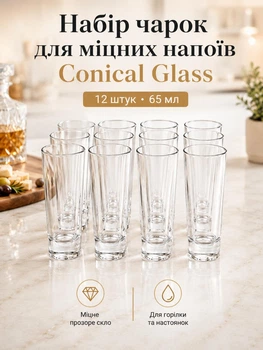 Набор рюмок стеклянных для подачи крепких напитков водки настойок и ликеров 12 штук по 65 мл Conical Glass рюмки ребристые из стекла комплект рюмок на 12 персон 10.5х4 см Прозрачный