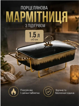 Мармитница фарфоровая настольная прямоугольная 1.5 л на металлической подставке со стеклянной крышкой для подачи горячих блюд с подогревом 1 свеча фарфоровый мармит 35.5×19×15.5 см Черный