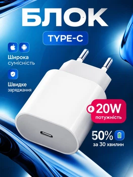 Мережевий зарядний пристрій 20W Power Delivery (PD) блок для швидкого заряджання Apple iPhone, iPod, Samsung. Xiaomi, Meizu, Huawei, Vivo. Oppo 20W USB-C Power Adapter Type-C White