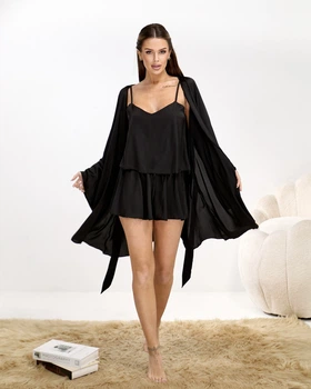 Піжама жіноча трійка халат майка шорти Priscilla Collection Чорний, S/M