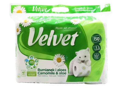 Туалетний папір Velvet Camomile тришаровий 150 відривів 12 рулонів
