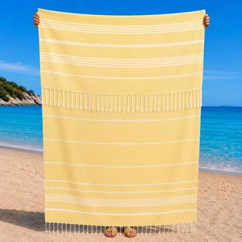 Полотенце пештемаль Turkey Towel 100х180 легкое большое для пляжа бассейна бани сауны подстилка на дачу пикник природу отпуск море полоса светло-желтый