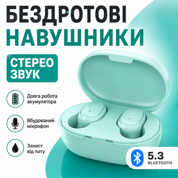 Стерео беспроводные наушники Bluetooth 5.3 для музыки и звонков с зарядным футляром мятно-зеленые