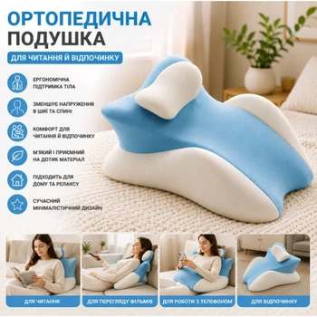 Ортопедична Подушка pillow-06 / Клиноподібна подушка для сну з поліестеру Блакитна