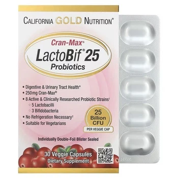 Пробіотики з клюквою CranMax LactoBif 25 млрд КУО California Gold Nutrition (CranMax LactoBif Probiotics) 30 капсул (CGN-01334)
