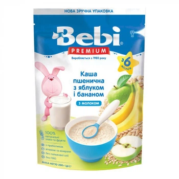 Дитяча каша Bebi Premium молочна пшенична з яблуком та бананом +6 міс. 200 г (8606019654344)