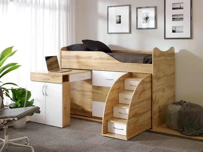Ліжко кімната ViorinaDEKO BED-ROOM №5 1840*860 мм висувна драбина-комод, висувний стіл. Корпус тахо/колір фасаду білий