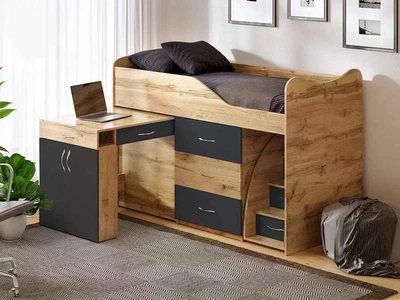 Ліжко кімната ViorinaDEKO BED-ROOM №5 1840*860 мм висувна драбина-комод, висувний стіл. Корпус тахо/колір фасаду графіт