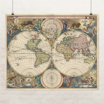 Постер Древняя карта Земли 1658, Earth Ancient Map, интерьерный декор, A1 60×75 см (id3038)