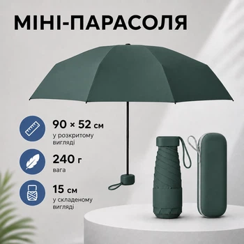 Складана кишенькова міні-парасоля у футлярі 90×52 см, 15 см, 240 г, зелена