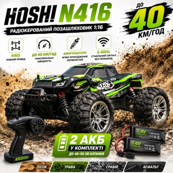 Радиоуправляемая машинка HOSHI N416 1:16 4WD до 40 км/ч — RC внедорожник 4x4, машинка на пульте 2.4GHz, большие колеса, амортизация, 2 аккумулятора