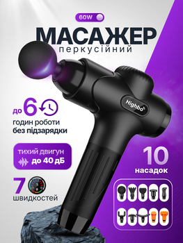 Массажер перкуссионный для тела и мышц массажный пистолет аккумуляторный ударный электромассажер для спины шеи ног рук глубокого массажа 7 скоростей 10 насадок с кейсом Type-C Highbo X7 чёрный