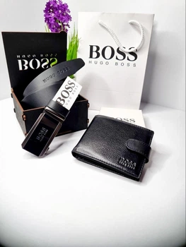 Подарочный мужской набор: Кожаный ремень и черный кошелек Hugo Boss