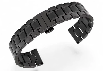 Браслет для часов 3-Link Butterfly Clasp черный Black PVD 18 мм с полукруглыми торцевыми вставками, нержавеющая сталь (BUT18B-03)