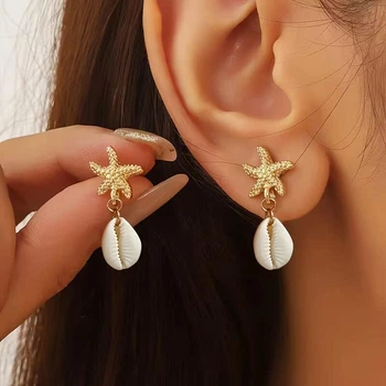 Сережки Морська зірка з мушлями каурі Золотисті Podarkus BK1265-G