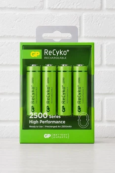 Акумулятор ReCyko 4 штуки АА GP R-06/4bl 2500 mAh Ni-MH New desing пальчикові батарейки які заряджаються для ліхтарів пульта годинників та гирлянд батареї дюрасел набір для техніки